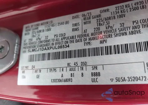 2023 Lincoln Corsair Standard z USA, uszkodzony, nr VIN 5LMCJ1DAXPUL08534